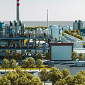 Modern Industrial Plant With Storage Tanks Chimney Piping System And Green Trees