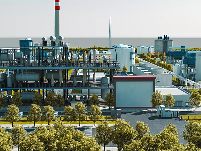 Modern Industrial Plant With Storage Tanks Chimney Piping System And Green Trees 3d model