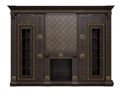 Luxurious Dark Wood Decorative Cabinet Featuring Gold Accents Glass Doors Checkerboard Panel And Ornate Carvings 3d model