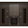 Luxurious Dark Wood Decorative Cabinet Featuring Gold Accents Glass Doors Checkerboard Panel And Ornate Carvings