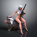 Woman Wearing Bikini And Headscarf Riding Camel Statue With Decorative Head Covering Holding Rifle