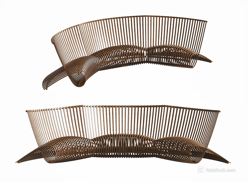 Unique Modern Curved Landscape Seats With Metal Slats For Outdoor Spaces 3d model 