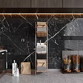 Restaurant Kitchen Interior With Marble Wall Metal Rack Storage Baskets Grain Dispensers And Coffee Machine