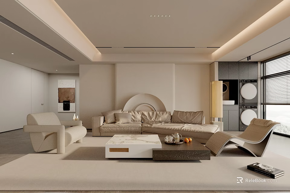 Modern Living Room Featuring Beige Sofa White Armchair Circular Backdrop Coffee Table LED Strip Ceiling 3d model 