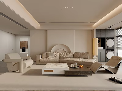 Modern Living Room Featuring Beige Sofa White Armchair Circular Backdrop Coffee Table LED Strip Ceiling 3d model