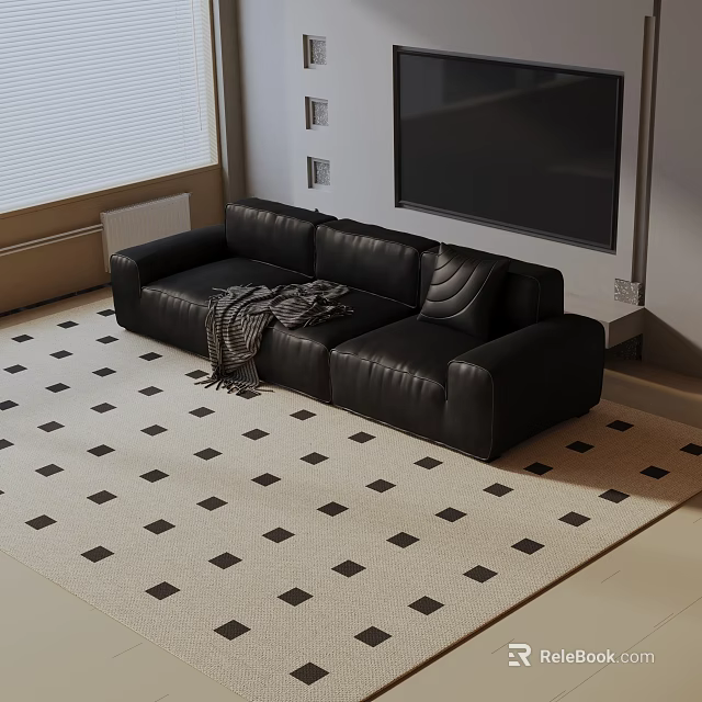 Black Leather Three-Seater Sofa with Plaid Throw Blanket on Beige Carpet with Black Square Pattern 3d model 