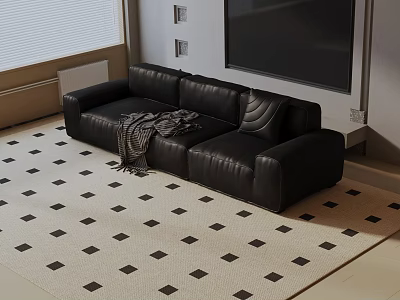 Black Leather Three-Seater Sofa with Plaid Throw Blanket on Beige Carpet with Black Square Pattern 3d model
