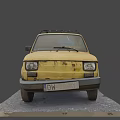 Vintage Yellow Car Covered With White Cloth Having KUPĘ AUTO Text And Roof Rack