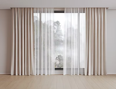Light Colored Window Curtains With Sheer Panels And Natural Outdoor View 3d model
