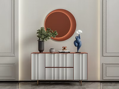 Modern Entryway Console Table And Side Cabinet With Round Mirror Green Plant And Decorative Items 3d model