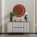 Modern Entryway Console Table And Side Cabinet With Round Mirror Green Plant And Decorative Items