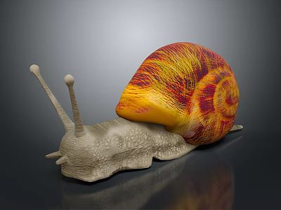 Colorful Snail With Orange And Red Striped Shell And Gray Body On Shiny Surface 3d model