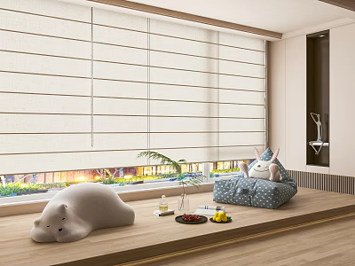 Home Balcony With White Blinds Wooden Floor Plush Bear Toy And Plants 3d model