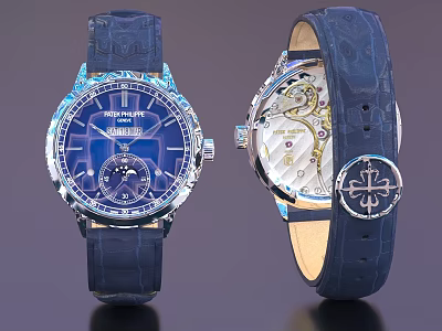 Luxury Mechanical Watch With Blue Dial Alligator Leather Strap Exposed Movement And Cross Logo Clasp 3d model