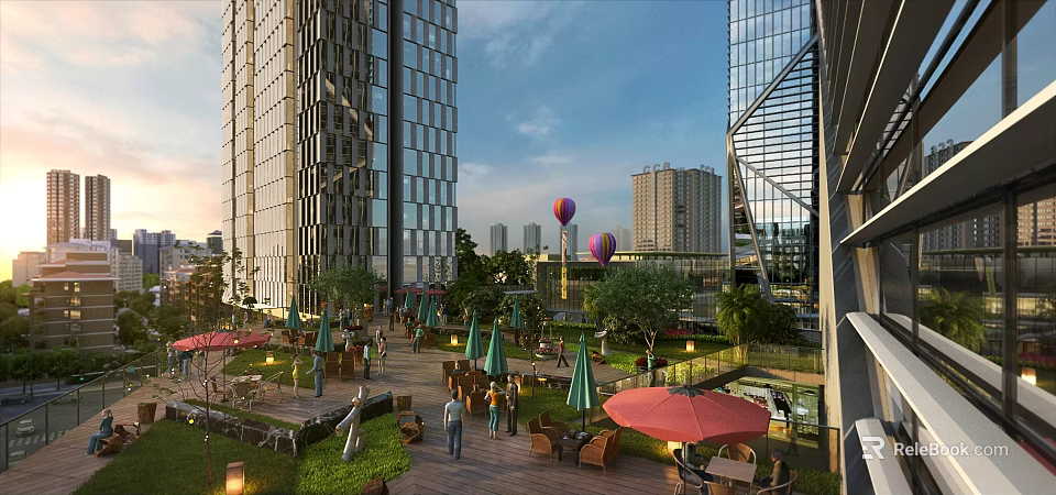 Vibrant Commercial Street With Modern High Rise Buildings People Green Red Umbrellas And Hot Air Balloons 3d model 