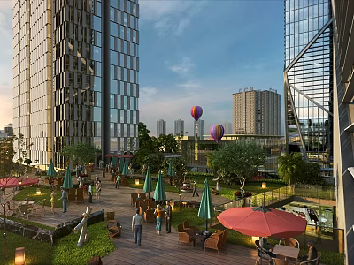 Vibrant Commercial Street With Modern High Rise Buildings People Green Red Umbrellas And Hot Air Balloons 3d model