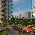 Vibrant Commercial Street With Modern High Rise Buildings People Green Red Umbrellas And Hot Air Balloons
