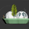 Cartoon Scene With White Geodesic Domes Green Trees And Orange Deer On Green Platform Base
