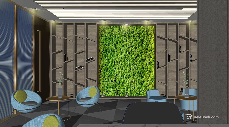 Modern Lounge Area Interior With Living Green Wall And Comfortable Blue Chairs 3d model 