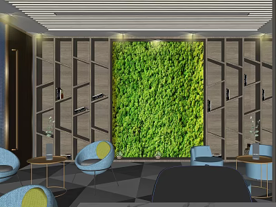 Modern Lounge Area Interior With Living Green Wall And Comfortable Blue Chairs 3d model