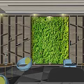 Modern Lounge Area Interior With Living Green Wall And Comfortable Blue Chairs