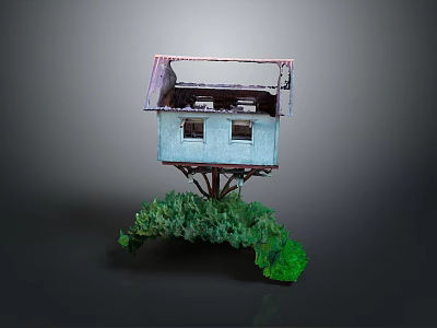 Modern Elevated Small House Design With Support Structure And Lush Greenery 3d model