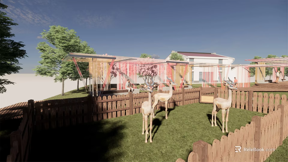 Rural Landscape with Deer Grazing on Grass by Wooden Fence Cherry Blossom Trees and Houses 3d model 
