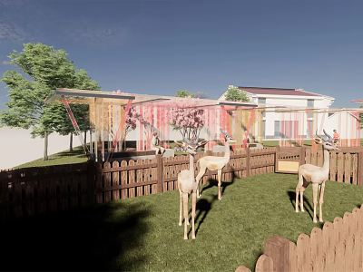 Rural Landscape with Deer Grazing on Grass by Wooden Fence Cherry Blossom Trees and Houses 3d model