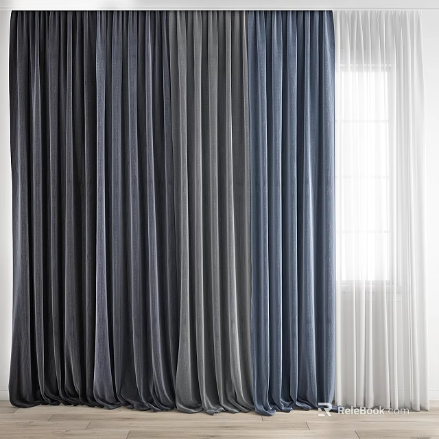 Modern Window Curtains In Dark Blue Gray And White Soft Fabric For Home Interior 3d model 