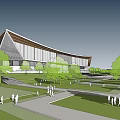 Modern Architectural Building With Unique Geometric Design Glass Curtain Wall Green Lawn Pedestrian Path And People Walking