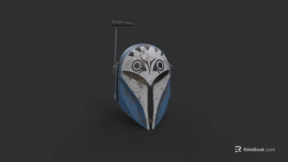 Blue And Gray Distressed Helmet With Owl Like Facial Pattern And Small Top Protrusion 3d model 