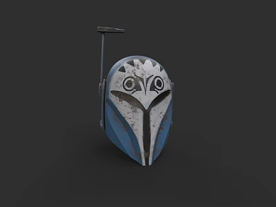 Blue And Gray Distressed Helmet With Owl Like Facial Pattern And Small Top Protrusion 3d model