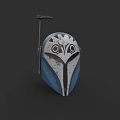 Blue And Gray Distressed Helmet With Owl Like Facial Pattern And Small Top Protrusion