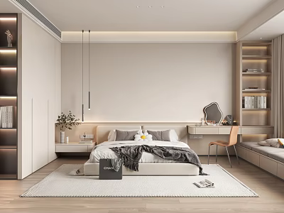 Modern Bedroom Interior Design With Bed Pendant Lights Desk Chair And Bookshelves 3d model