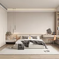 Modern Bedroom Interior Design With Bed Pendant Lights Desk Chair And Bookshelves