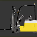 Yellow And White Industrial Forklift With Metal Forks And Driver Cab