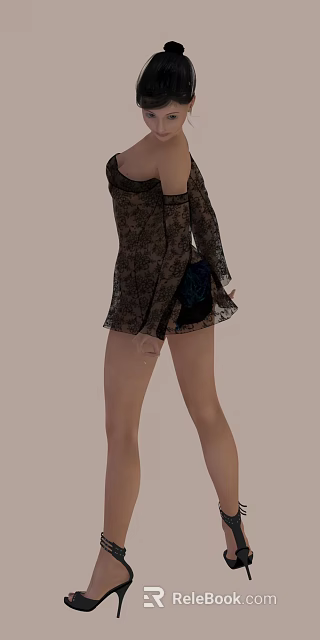 Woman Wearing Floral Lace Long Sleeve Top With Short Pants Standing 3d model 