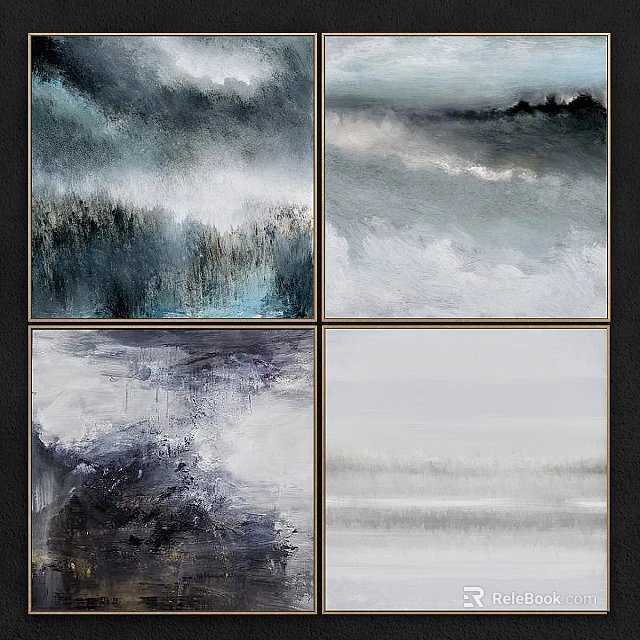 Four Panel Abstract Ink Paintings With Nature Landscapes In Blue Gray Tones 3d model 