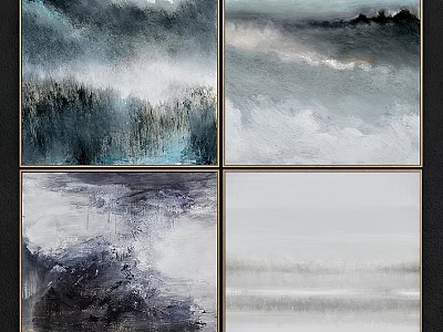 Four Panel Abstract Ink Paintings With Nature Landscapes In Blue Gray Tones 3d model