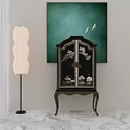 Chinese Style Decorative Cabinet With Floral Patterns And Green Wall Art Featuring Flying Birds