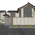 Japanese Style Detached Villa With Tiled Roof Large Glass Windows Stone Wall And Garden Plants