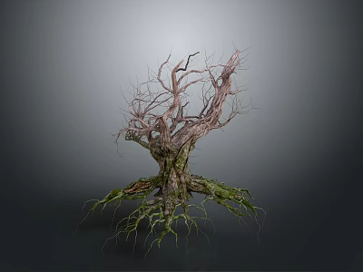 Withered Tree With Dry Trunk Branches And Green Mossy Roots On Dark Background 3d model