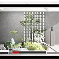 Indoor Miniature Garden Landscape With Stones Green Plants Trees Sand And Gray Walls