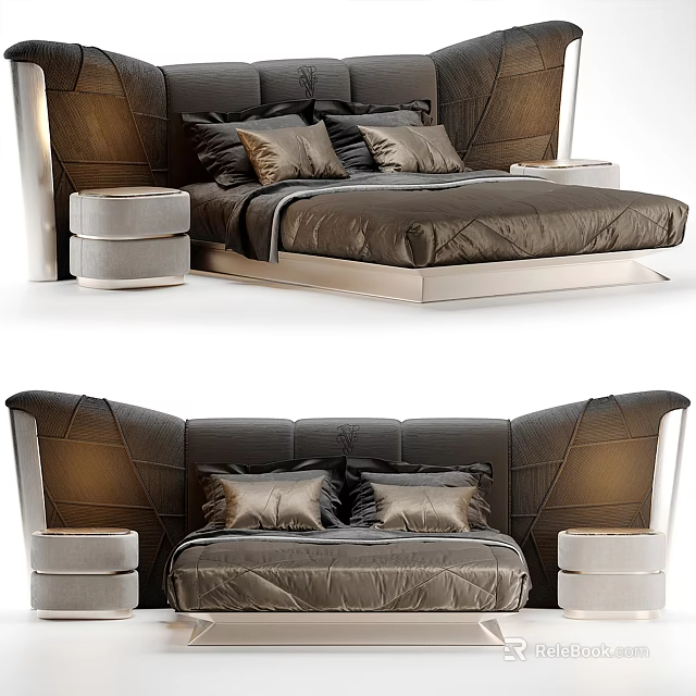 Luxury Modern Double Bed With Upholstered Headboard Plush Pillows And Round Nightstands 3d model 