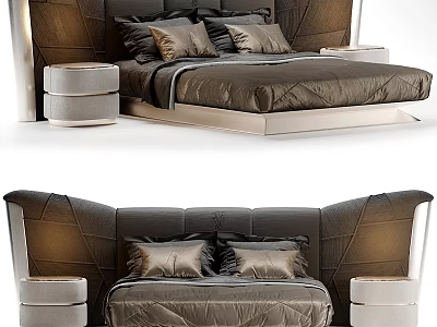 Luxury Modern Double Bed With Upholstered Headboard Plush Pillows And Round Nightstands 3d model
