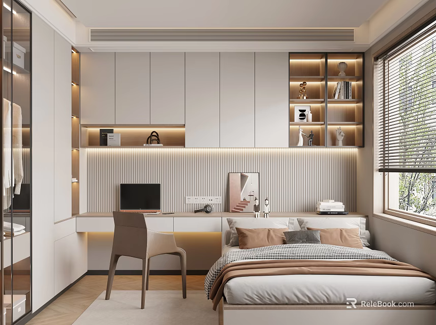 Modern Tatami Bedroom Interior Design With White Cabinets Desk Chair Bookshelves And Window Blinds 3d model 