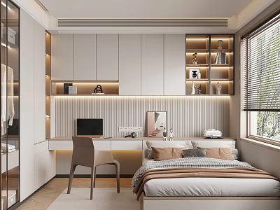 Modern Tatami Bedroom Interior Design With White Cabinets Desk Chair Bookshelves And Window Blinds 3d model