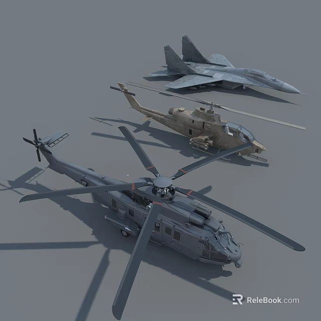 Two Military Helicopters Gray and Light Brown Alongside Fighter Jet 3d model 