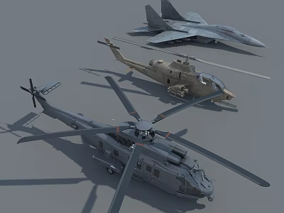 Two Military Helicopters Gray and Light Brown Alongside Fighter Jet 3d model