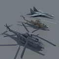 Two Military Helicopters Gray and Light Brown Alongside Fighter Jet